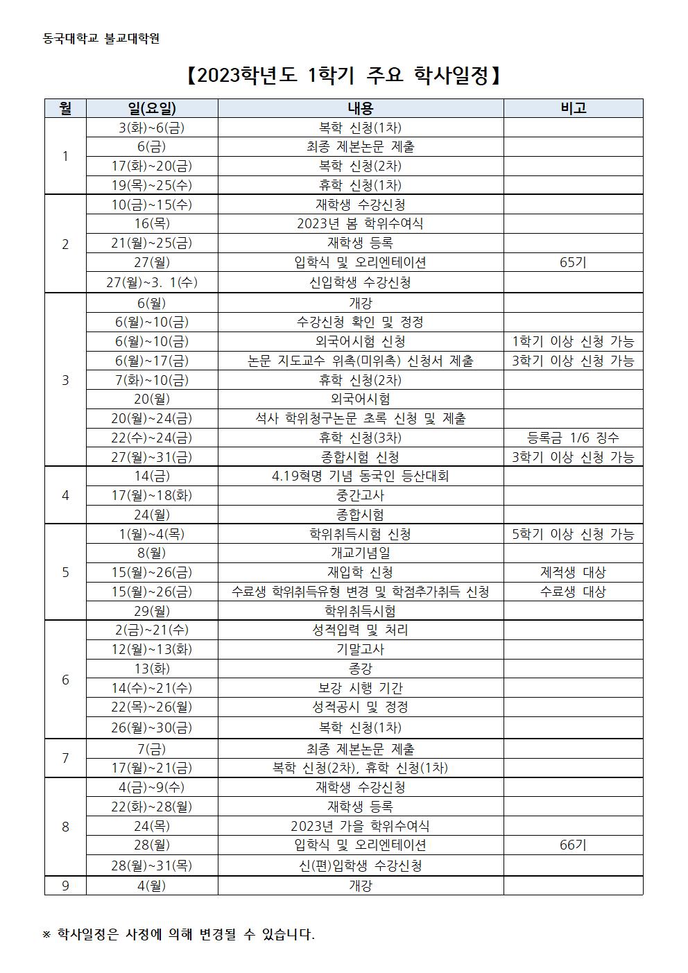 1학기 학사일정